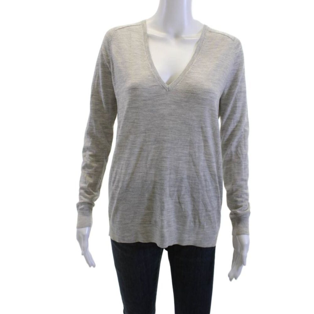 Theory Womens Basic V Neck Long Sleeve Gray Sweater Size S